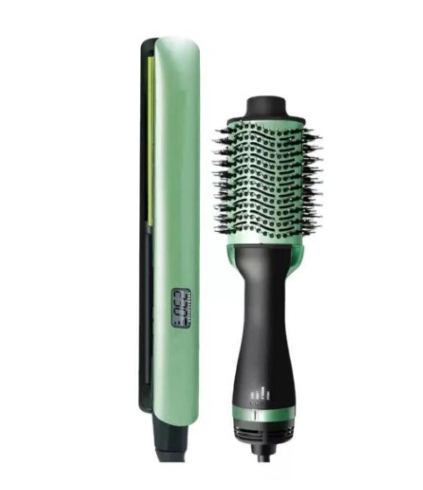 Combo Cepillo Secador Para Cabello Y Plancha Aguacate Leman