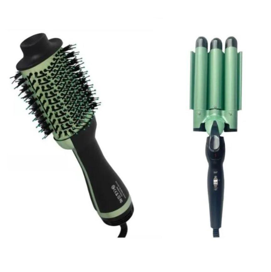 Combo Cepillo Secador Para Cabello Y Pinza Rizadora 3 Tubos Lemman Aguacate