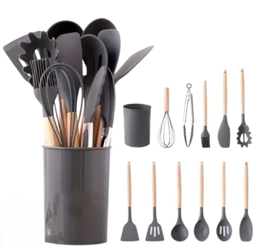 Set de Utensilios de Cocina de Silicona (12 Piezas) – Resistente al Calor, Antiadherente – Incluye Estuche Organizador – Color Gris