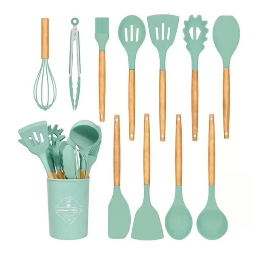 Set de Utensilios de Cocina de Silicona (12 Piezas) – Resistente al Calor, Antiadherente – Incluye Estuche Organizador – Color Verde