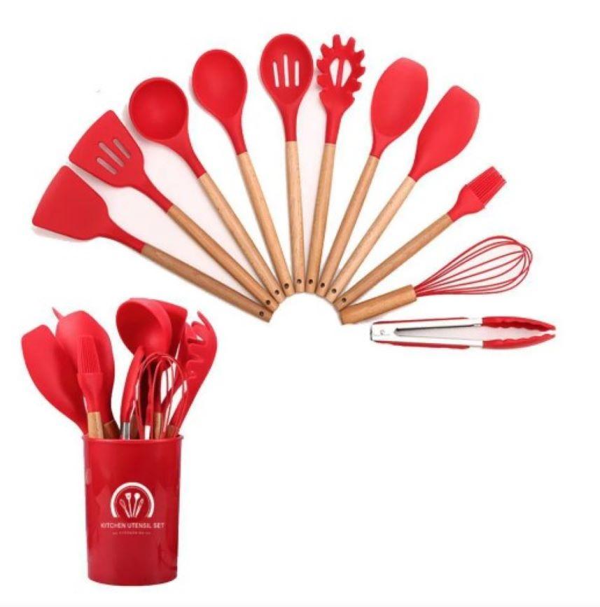 Set de Utensilios de Cocina de Silicona (12 Piezas) – Resistente al Calor, Antiadherente – Incluye Estuche Organizador – Color Rojo