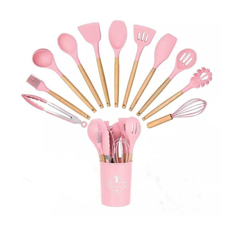 Set de Utensilios de Cocina de Silicona (12 Piezas) – Resistente al Calor, Antiadherente – Incluye Estuche Organizador – Color Rosa